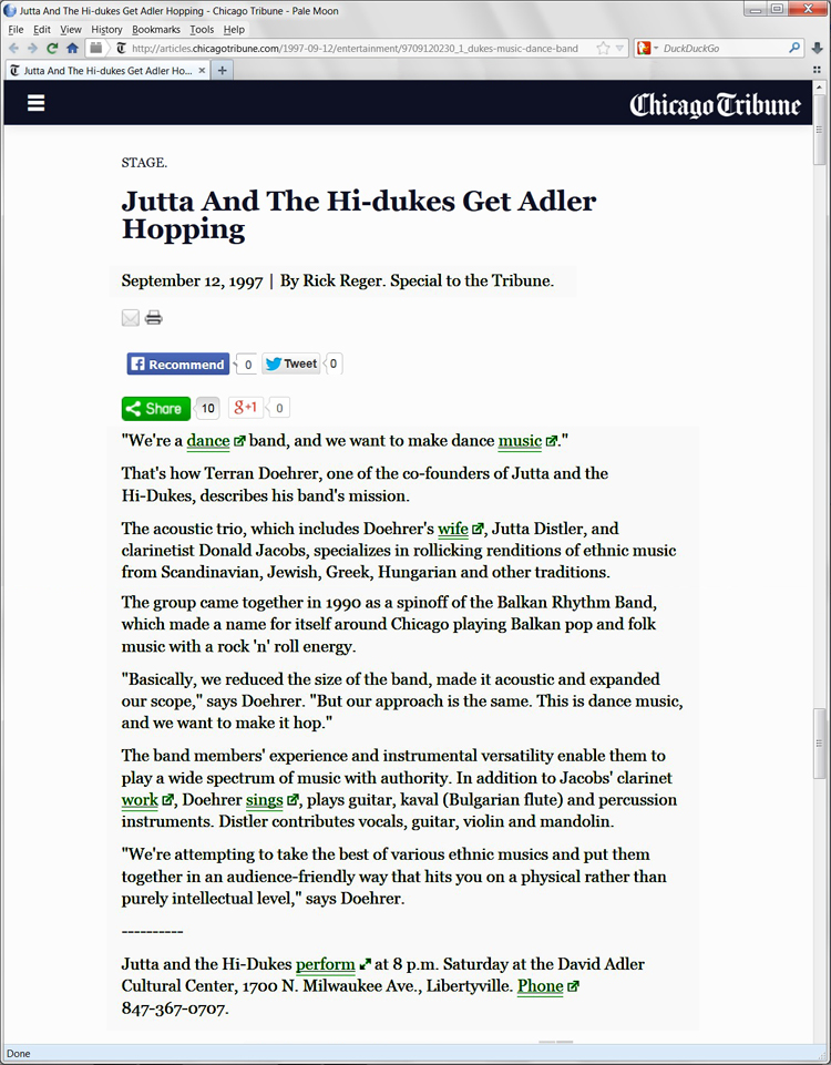 Image of article in the Chicago Tribune September 12, 1997 clipping about Jutta & the Hi-Dukes (tm)